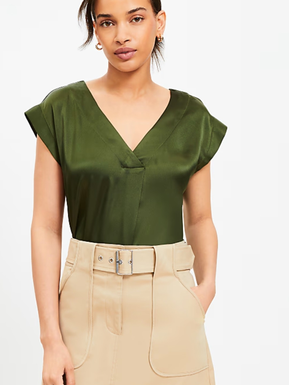 LOFT Olive Green Satin V-Neck Cap Sleeve Blouse